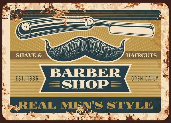 Barber Shop Rusty Metal Vector Plate Handlebar Mustaches Curved Extremities — Stock Vector