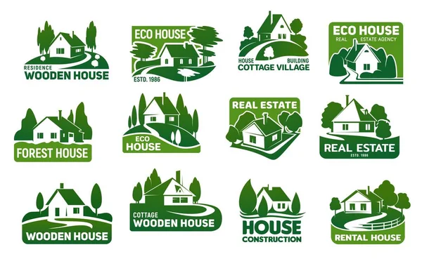 Wooden Eco Houses Real Estate Buildings Vector Icons Cottage Symbols — Stock Vector