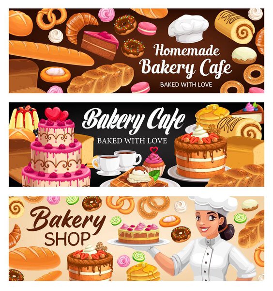 Bakery shop desserts, cakes and pastry vector banners. Baker woman presenting bake house assortment bread, cake, bagels and buns, croissant and baguette, pretzel and cupcake, macaroon and meringues