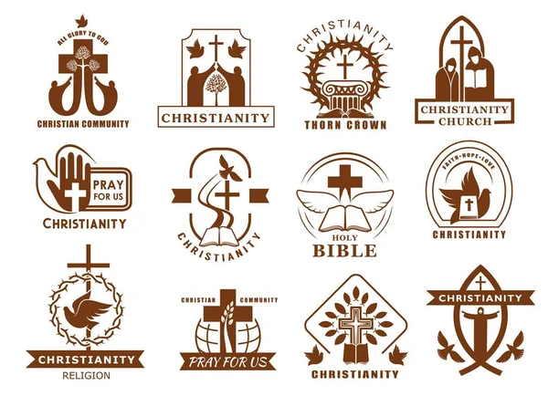 キリスト教の宗教アイコン カトリックや正教会のシンボル ベクトル キリスト教徒の宗教共同体は十字架を越えて署名を鳩 イエス ソーン 防御魚や手を祈る — ストックベクタ