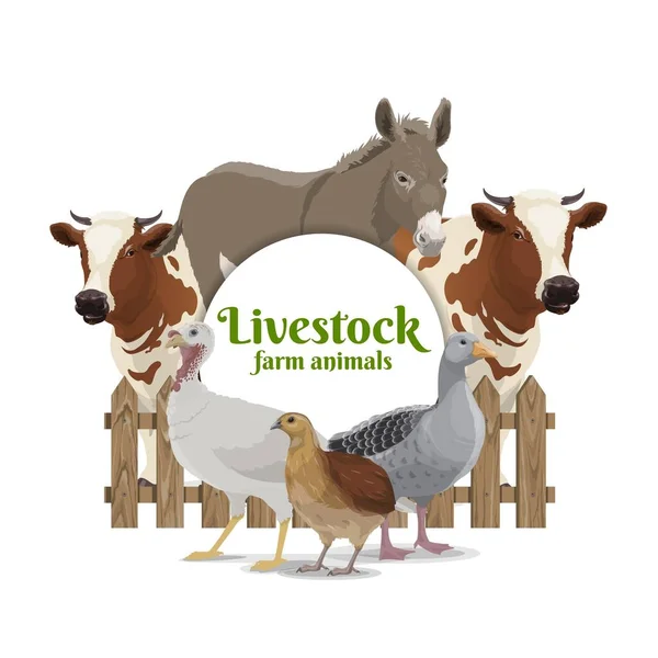 Animais Quinta Pecuária Banner Aves Burro Vaca Touro Atrás Cerca — Vetor de Stock