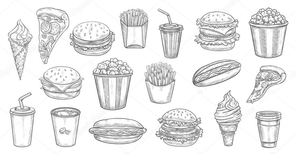 Sketch fast food meals isolated vector icons ice cream in waffle cone, soda drink and burger with french fries. Engraved monochrome signs of pizza, hot dog with coffee and cheeseburger bistro menu set