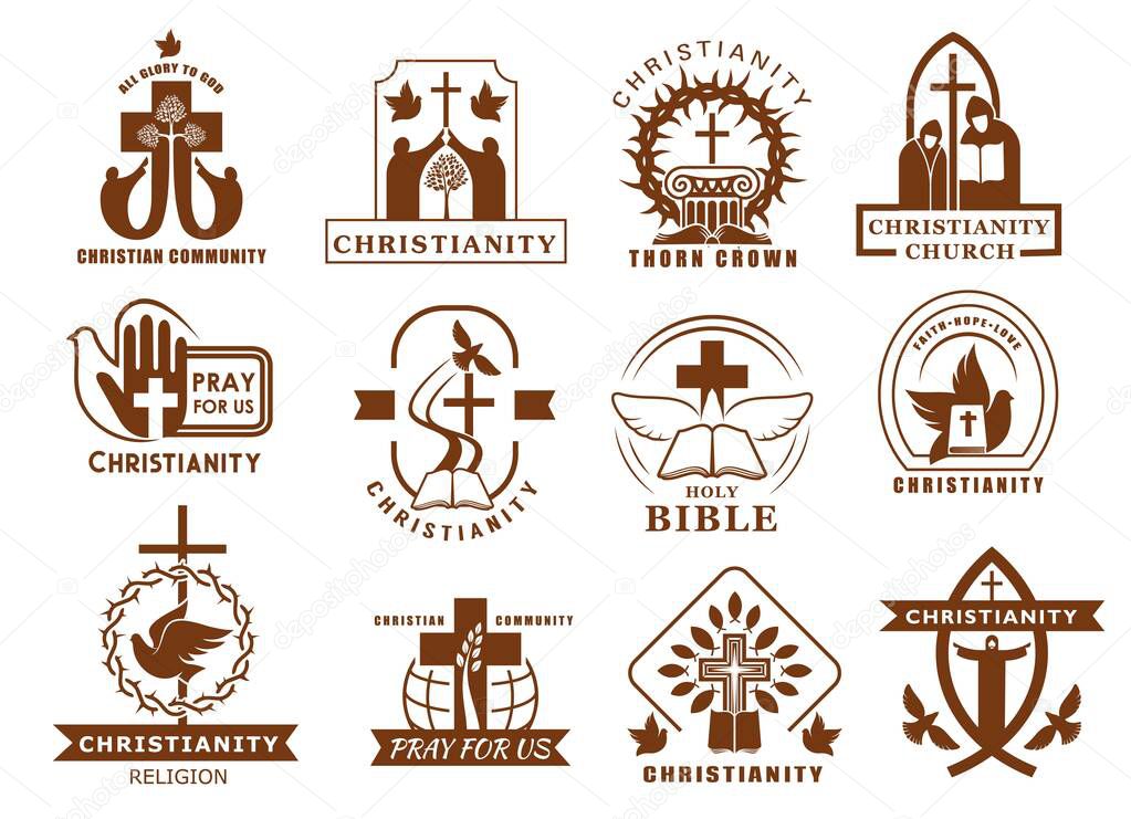 Christianity religion icons, Catholicism or Orthodox religious symbols, vector. Christian religious community cross crucifix and dove sign, Jesus thorn, holy bible, protestant fish and hands pray