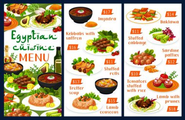 Mısır restoranının menüsü vektör şablonunu kapsar. Mısır mutfağında kuzu eti ve pilav, doldurulmuş sebze ve kebap, tatlı, baklava çorbası, balık ve kurutulmuş meyve.