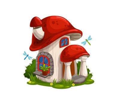Cüce, cüce peri masalı evi ya da mantar karikatür vektöründeki kulübe. Peri yaratık sihirli evi kırmızı çatıda bacası taştan sundurması, pencere eşiğinde saksı ve çalıların üzerinde uçan yusufçuk.