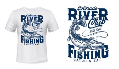 Rod Line T-Shirt vektör baskısı. Kuzey turna balığı, nehir ya da göl etobur balığı ısırığı, balık avı oymalı illüstrasyon ve klasik tipografi. Spor balıkçılığı kulübü özel baskı