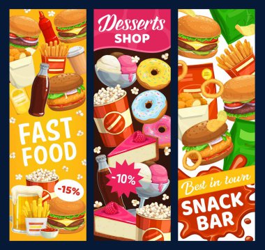 Fast food büfesi ve tatlı vektör pankartları. Sokak yemekleri, hamburgerler, çörekler, patlamış mısır, bira, patates kızartması ve soda. Tavuk nugget, çizburger ve hazır yemek menüsü.