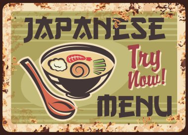 Japon mutfağı menüsü paslı metal tabak, miso çorbası vektör yemek restoranının klasik grunge posteri. Japon suşi barı çorbası, deniz ürünleri, karides ve kaşık.