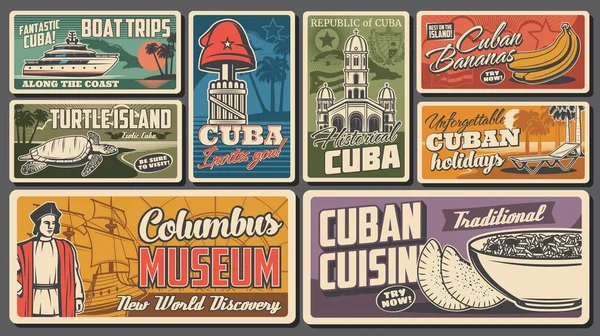 Viaje Cuba Banners Vectoriales Retro Paseo Barco Largo Costa Museo — Archivo Imágenes Vectoriales