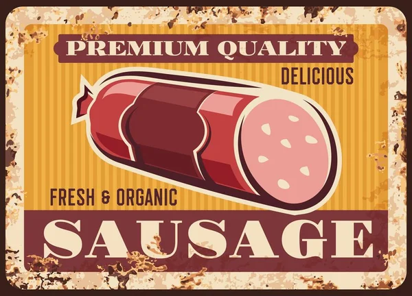 Placa Vectorial Metálica Oxidada Salchichas Premium Con Salami Kielbasa Rodajas — Vector de stock