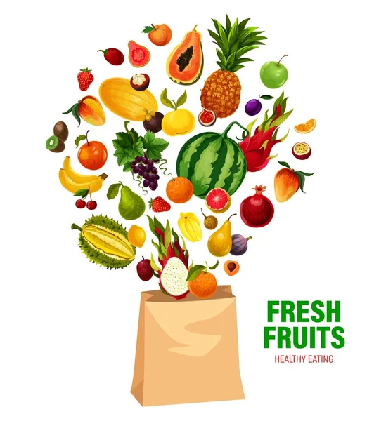 Vector Frutas Frescas Comer Sano Bolsa Compras Jardín Dibujos Animados — Vector de stock