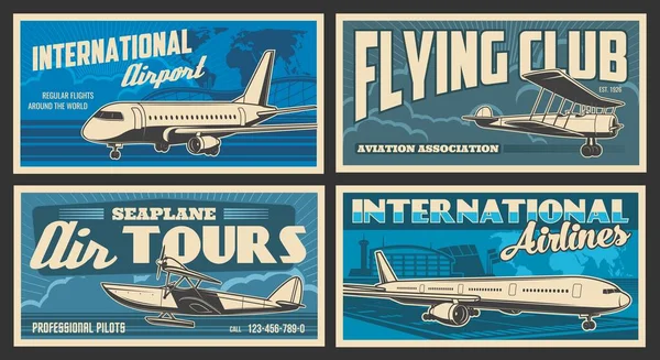 Vliegtuig Luchthaven Retro Banners Van Vector Vliegreizen Vliegclub Personenvervoer Vliegtuigen — Stockvector