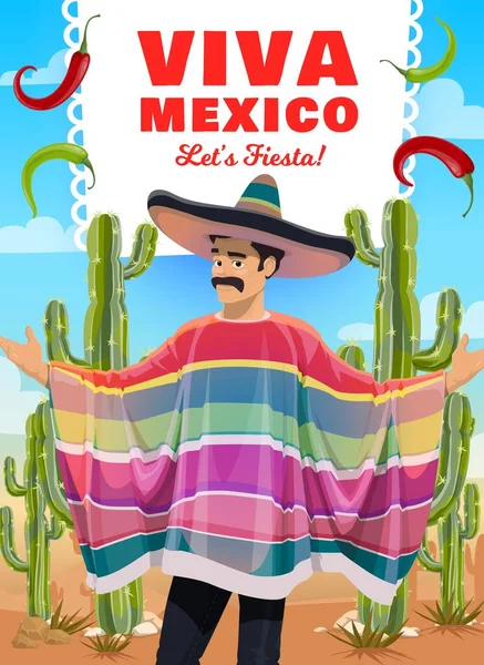 Homem Mexicano Sombrero Poncho Viva México —  Vetores de Stock