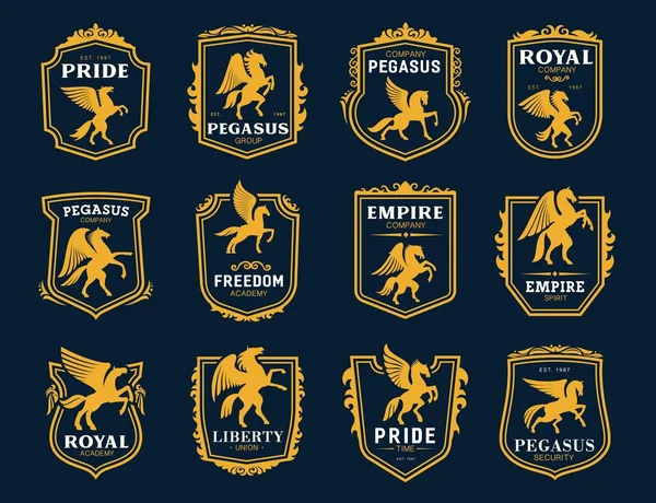 Pegasus Iconen Heraldische Gevleugelde Paarden Symbolen Koninklijk Wapenschild Bedrijfsembleem College — Stockvector