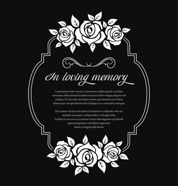 带有哀悼和玫瑰花朵的丧葬框架 带有爱情记忆的葬礼载体框架 讣告式的哀悼和花卉装饰 带有花朵和字体的停尸房黑色盘子 — 图库矢量图片