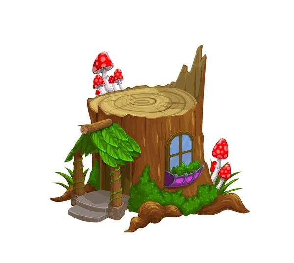 树桩中的侏儒屋或侏儒屋卡通病媒 童话或民间传说中的生物 森林精灵般的小房子 叶冠覆盖在木制门廊 月亮和飞舞的蘑菇之上 — 图库矢量图片
