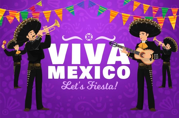 Viva Mexiko Fiesta Vektorový Design Mariachi Kreslených Postaviček Karnevaloví Hudebníci — Stockový vektor