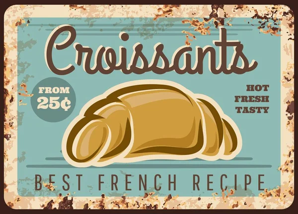 Croissant Vektor Rezavý Kovový Talíř Pečivem Francouzského Cukrářství Pekařství Crescent — Stockový vektor