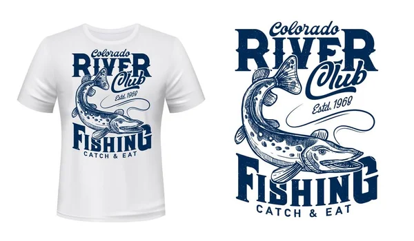 Pike on rod line t-shirt vector print. Northern pike, river or lake carnivorous fish eating bite, fishing catch engraved illustration and vintage typography. Sport fishing club clothing custom print — Stock Illustration Pike Rod Line Shirt Vector Print Northern Pike River Lake Vector Graphics