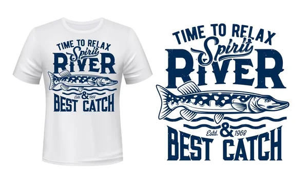 Pike fish t-shirt vector print mockup. Northern pike, river and lake freshwater carnivorous fish, waves and retro typography. Fisherman clothing, recreation fishing hobby apparel custom design print — Stock Illustration Pike Fish Shirt Vector Print Mockup Northern Pike River Lake Royalty Free Stock Vectors