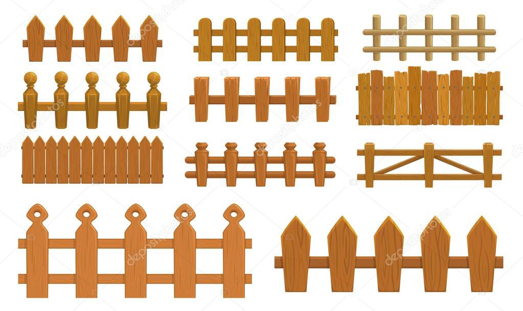 Cartoon fence, wooden palisade vector farm gates or balustrade with pickets. Enclosure railing, banister or fencing sections with decorative pillars. Wood garden border balusters isolated elements set