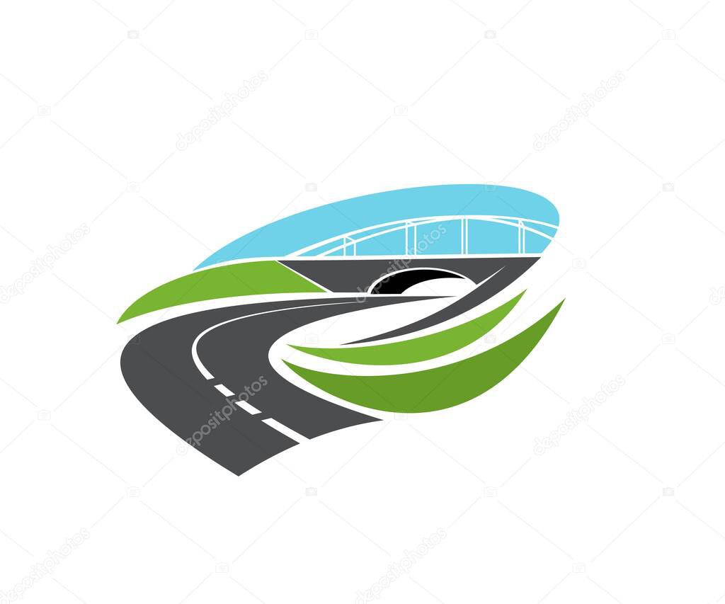 Roadway turn, freeway under bridge icon. Highway level junction, modern motorway intersection with tunnel or bridge vector. Road journey, logistics and transportation industry emblem design element