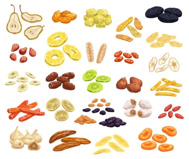 Kurutulmuş meyve ve şekerli meyveler izole edilmiş vektör simgeleri. Kayısı, kuru üzüm, kuru erik, hurma ya da incir, muz, ananas ya da limonlu kivi. Güneş kuru tatlı atıştırmalık, şekerli vejetaryen doğal sağlıklı tatlı.