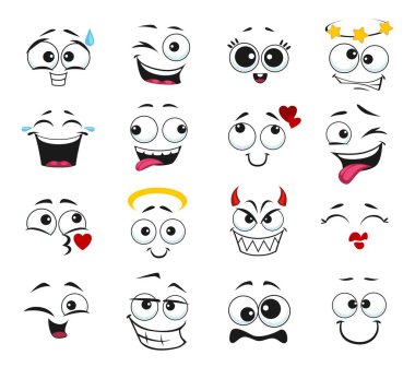 Yüz ifadesi izole vektör simgeleri, komik çizgi film emojisi gülme ve gülümseme. Yüz ifadeleri, öpüşen yüz ifadeleri, mutlu ve gösterişli dil, melek, şeytan ve baş döndürücü, rüya, aşık olma, set
