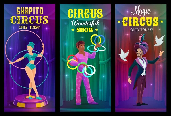 Circus Goochelaar Jongleur Acrobaat Vector Banners Van Chapiteau Carnaval Show — Stockvector