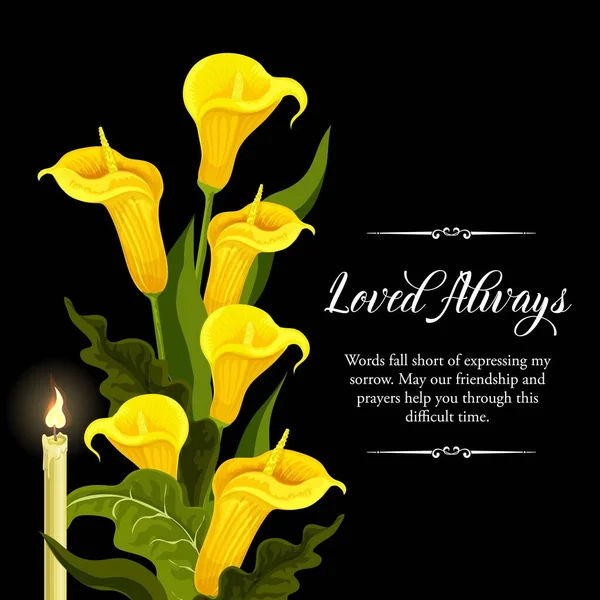 Funeral Vector Card Yellow Calla Flowers Burning Candle Sorrowful Death — Stock Vector