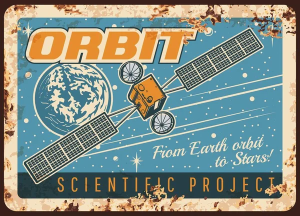 Satélite Órbita Vector Oxidado Placa Metal Programa Científico Con Sputnik — Vector de stock