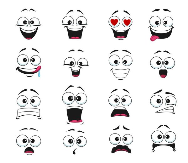 Мультфильм выражение лица изолированные векторные иконы, смешные смайлики влюбляются, напуганы и шокированы или облизывая губы. Чувства лица улыбаются, смеются и кричат, удивляются, зубастые и расстроенные смайлики устанавливаются