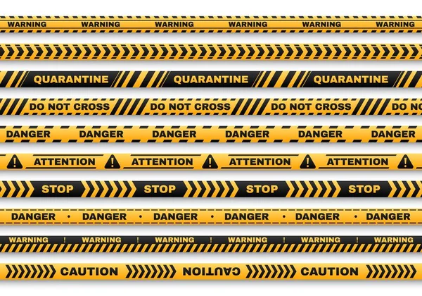 Veiligheidswaarschuwing Vector Tapes Ongeval Moord Plaats Omheining Met Typografie Quarantaine — Stockvector