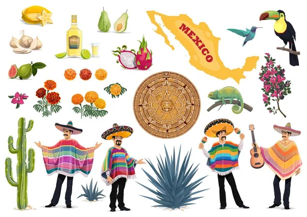 México Vector Conjunto Con Comida Mexicana Cultura Símbolos Viaje Cactus — Vector de stock