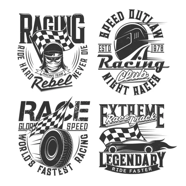 Car racing club, motorsport team t-shirt retro prints. Car or motorcycle race driver, racer modern and vintage helmet, goggles, checkered flag and tire engraved vector. Racetrack driver clothing print