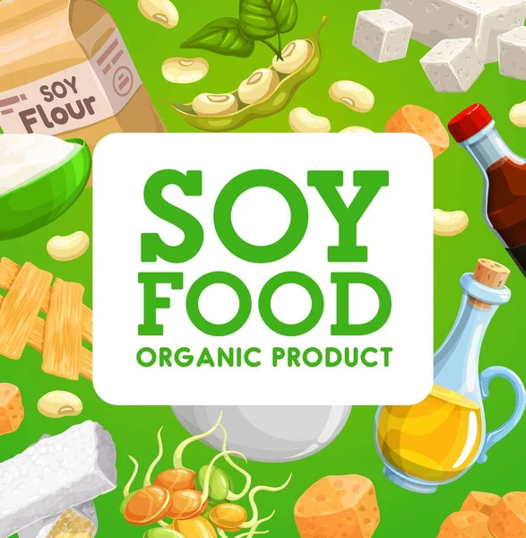 Prodotti Biologici Base Soia Tofu Soia Vettore Salsa Latte Olio — Vettoriale Stock
