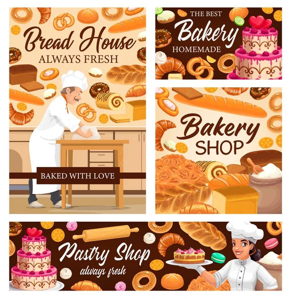 面包店面包 甜糕点 病媒糕点食品 面包店的面包师烘焙面包 揉碎面团做巧克力蛋糕和芝士蛋糕 羊角面包 面包和煎饼 — 图库矢量图片