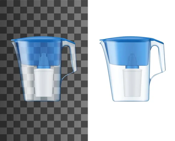 Water filter pitcher or jug realistic mock-up. Home water treatment and purification plastic pitcher filter with activated carbon cartridge and blue lid 3d vector template or mockup — Stock Illustration Water Filter Pitcher Jug Realistic Mock Home Water Treatment Purification Stock Vector