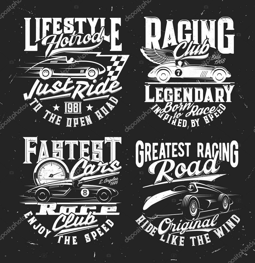 Tshirt prints with car rally, racing club and motorsport championship, vector t shirt prints mockup. Wing roadster race symbols with checkered flag, speedometer, retro vehicles and champion stars