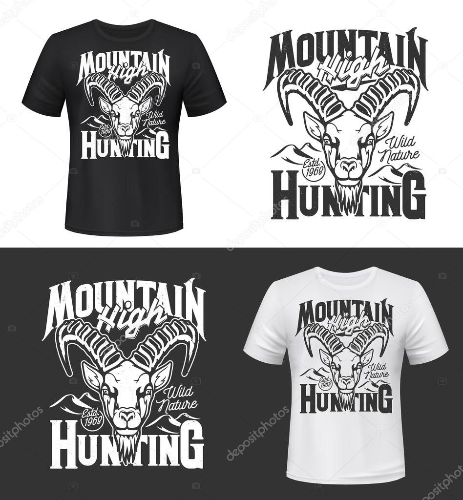 Tshirt print with mountain goat head vector mockup, ibex animal mascot for hunting club, Alpine or Siberian tur with curved ridged horns black and white apparel design, isolated t shirt print or label