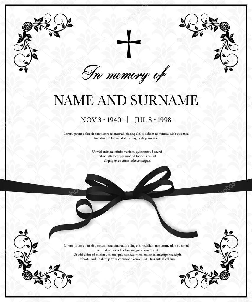 Funeral vector card with vintage condolence flower ornamental flourishes, christian cross, black mourning ribbon, name, birth and death dates place. Obituary memorial decorative funereal card template