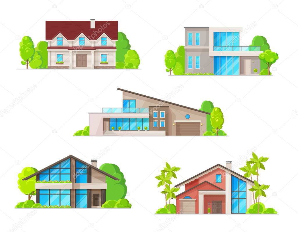 Real estate houses, cottage and bungalow buildings icons. Classic and modern architecture villas, wooden rural house and luxury two-storey mansions or townhouse with terrace and garage flat vector