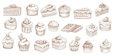 Kek taslak ikonları, pasta tatlısı, fırın tatlısı, vektör el çizimi. Pastane, pastane, çikolatalı pasta pastane, tatlı tatlı cheesecake, tiramisu, brownie cupcake ve waffle.