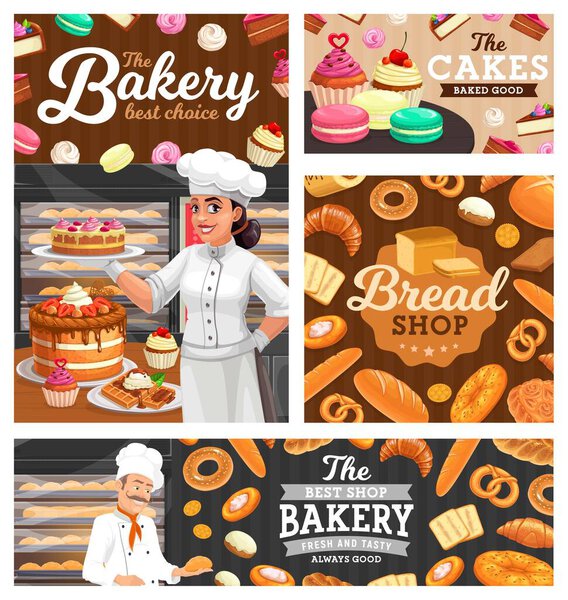 Bakery, bread and pastry shop vector set with bakers and sweet food. Man and woman pastry chef cartoon characters with cake, baguette, croissant and cupcake, cereal toast, bun, donut and pretzel