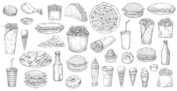 Sketch Fast Food Izolowane Wektorowe Ikony Pizza Popcorn Nachos Taco — Wektor stockowy