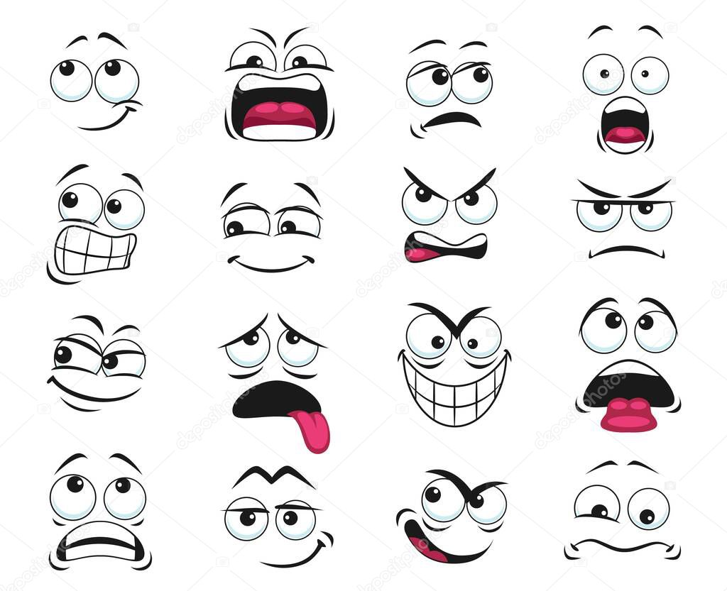 Cartoon face expression isolated vector icons, funny emoji exhausted, yelling and scared, shocked, angry, gloat and sad. Facial feelings, emoticons upset and show tongue. Cute face expressions set