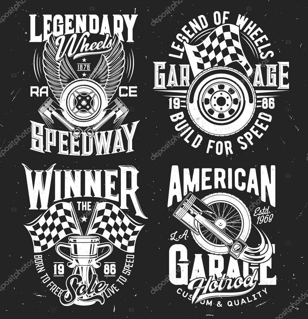 Car rally tshirt prints with vector checkered flag, vehicle wheel and parts, champion winner goblet, white typography on black grunge background. Racing and motorsport championship race t shirt prints