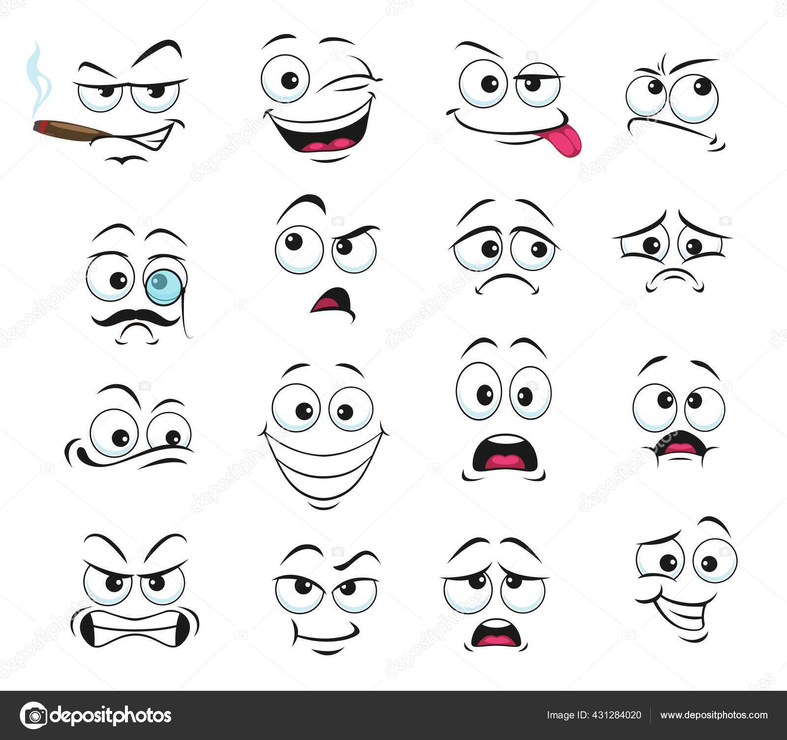 Conjunto de ícones de emoji rostos símbolos de humor emoticon fofos  sorrindo feliz, alegre, triste e com raiva