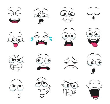 Face expression isolated vector icons, funny cartoon emoji boring, crying and thoughtful, gnash teeth, angry, laughing and sad. Facial feelings, emoticons upset, happy and show tongue cute faces set clipart