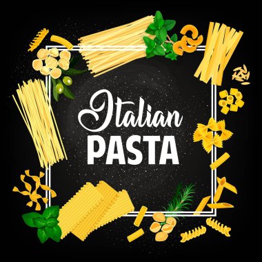 Makarna, İtalyan mutfağı restoran menüsü, vektör İtalya, geleneksel fusilli, fetuçin ve tagliatelle. İtalyan makarna menüsü. Penne, tortellini, farfalle ve zeytin ve fesleğenli spagetti.